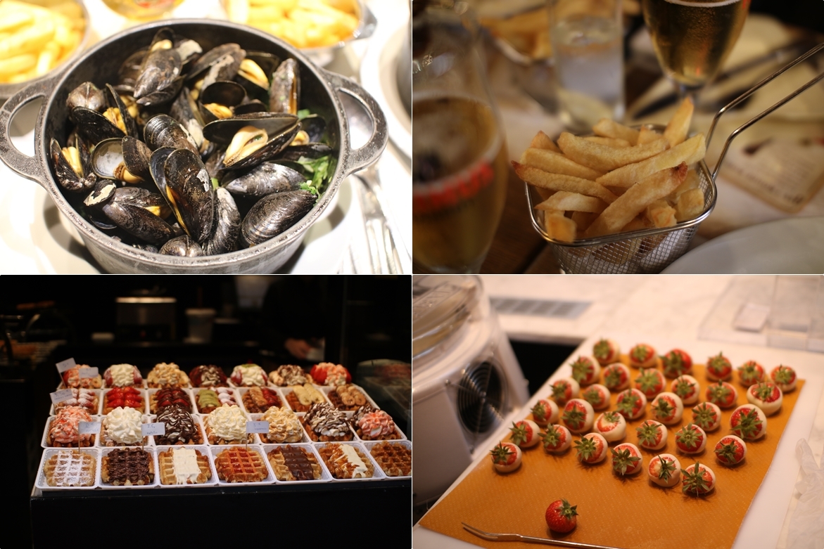 홍합 요리인 믈(시계방향), 벨기에식 감자튀김, 길거리서 마주친 와플 가게, 고디바의 딸기 초콜릿© 뉴스1