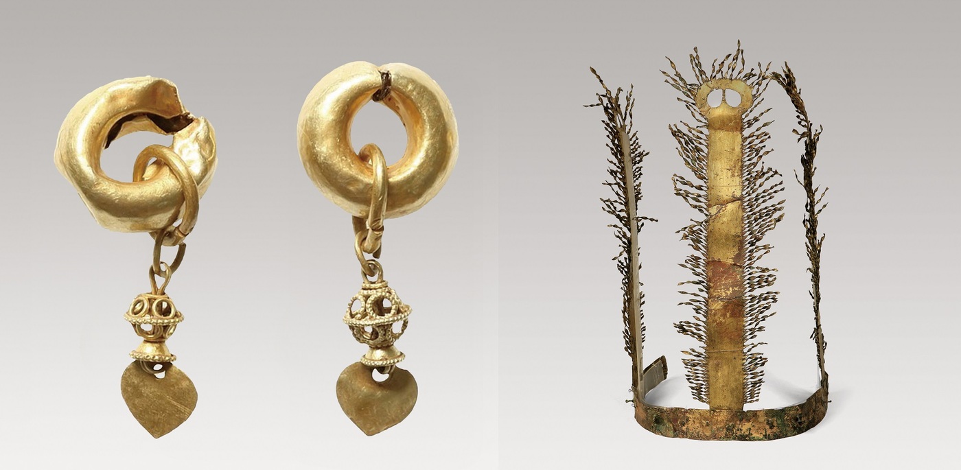 국가지정문화재 사적으로 지정 예고된 경북 '의성 금성면 고분군'에서 출토된 금귀걸이(왼쪽), 금동관.(문화재청 제공)© 뉴스1