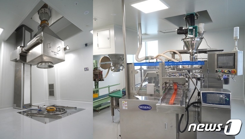 동물용의약품 기업 '한동' 예산공장에 설치된 IBC bin시스템(왼쪽)과 충전실. 사진 한동 제공 © 뉴스1