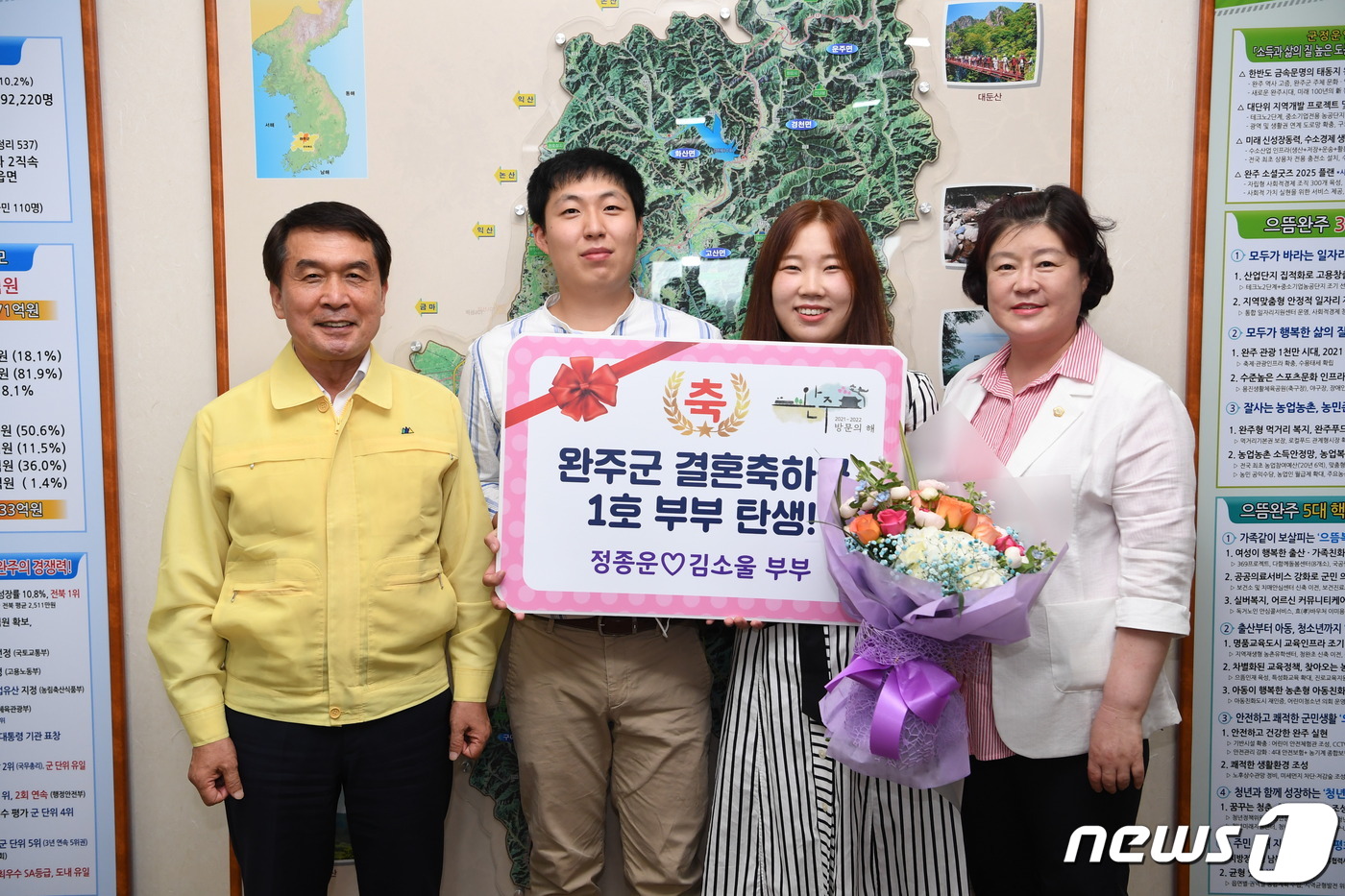 전북 완주군으로부터 결혼축하금을 지원받는 1호 부부인 정종운·김소울씨 부부.(완주군제공)2020.7.21/뉴스1