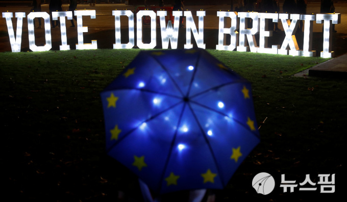 영국 런던 국회의사당 밖에서 서있는 반(反) 브렉시트(영국의 유럽연합 탈퇴) 시위자. 사진 속에 '브렉시트 부결하라'는 문구가 보인다. 2018.12.10.