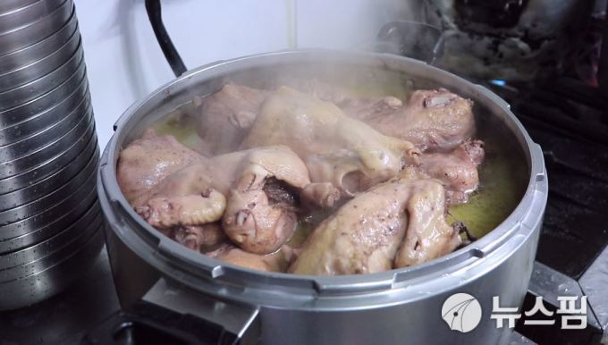 [제천=뉴스핌] 송유미 기자 = 바우본가 삼계탕의 닭은 찜기에서 푹 쪄내 야들야들하고 쫄깃하다. 2019.01.22. yoomis@newspim.com