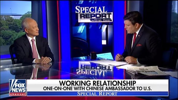 추이톈카이 주미중국대사 미국 폭스뉴스(FOX News)와 인터뷰를 진행하고 있다[사진=FOX News캡처]