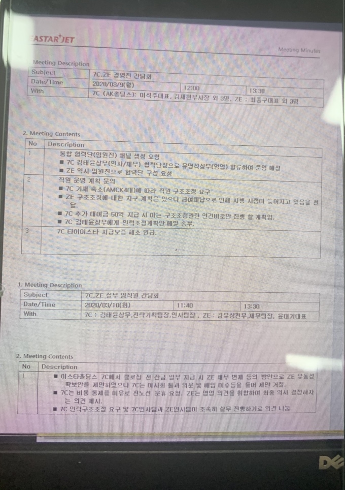 6일 이스타항공 조종사노조는 지난 3월 9일 제주-이스타 경영진 회의에서 제주항공이 인력감축과 셧다운을 요구한 회의 기록이 나온 모니터 사진을 공개했다. [사진=이스타항공 조종사 노조 제공]