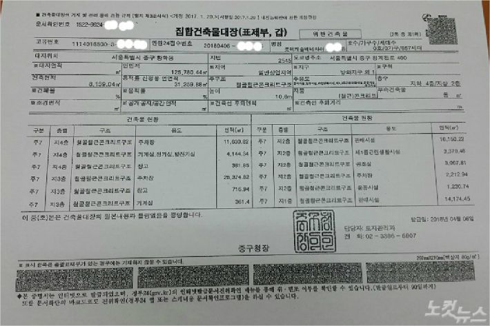 청계천점 건축물대장 (사진=이재기 기자)