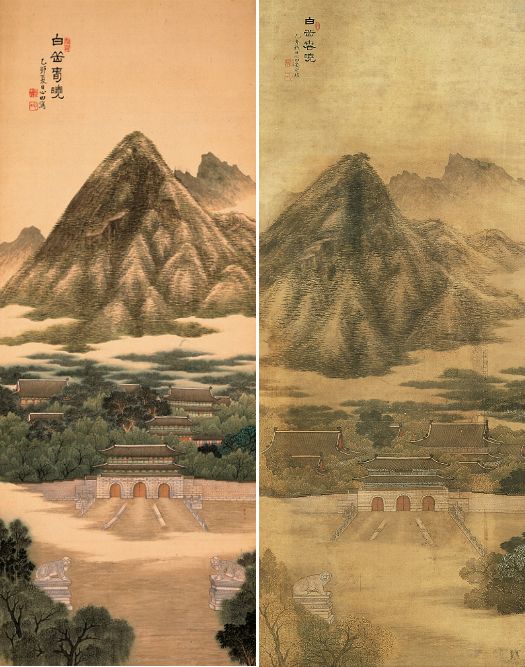 백악춘효(白岳春曉, 안중식, 1915년(여름, 가을), 비단에 엷은 색, 197.5×63.7cm, 202.0×65.3cm, 국립중앙박물관, 등록문화재 485호)