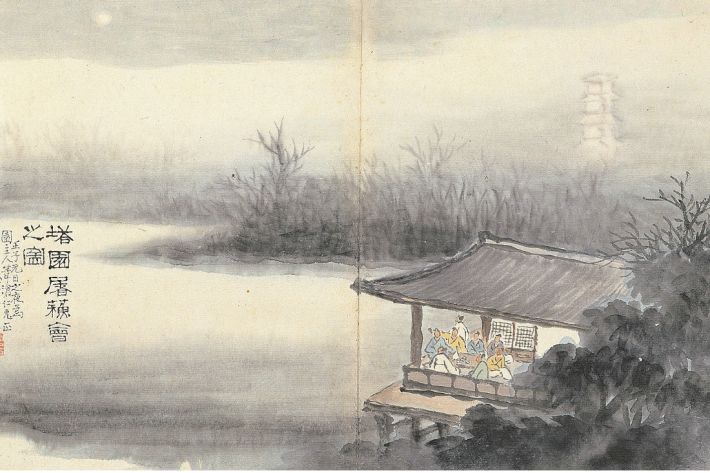 탑원도소회지도(塔園屠蘇會之圖, 안중식, 1912년, 종이에 엷은 색, 23.4×35.4cm, 간송미술문화재단)