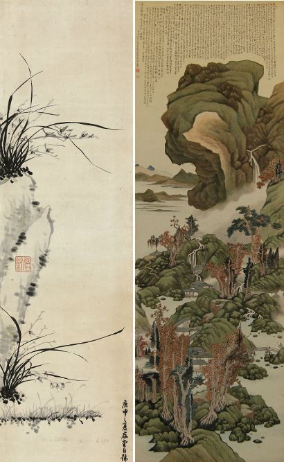좌-석란도(石蘭圖, 이회영, 1920년, 종이에 먹, 140.0×37.4cm, 개인), 우-산수도(山水圖, 황철.지운영, 1932년, 비단에 색, 250.0×84.0cm, 일본 사노시향토박물관)