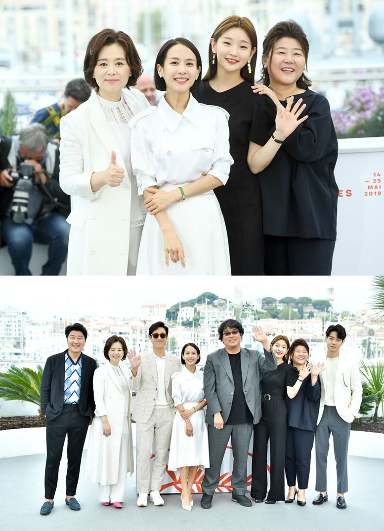 이정은은 지난달 22일(현지 시각) 열린 제72회 칸국제영화제 '기생충' 공식 기자회견 전 포토타임에 참석했다. 맨 위 사진에서는 맨 오른쪽, 아래 사진에서는 오른쪽에서 두 번째가 이정은이다. (사진=CJ엔터테인먼트 제공)