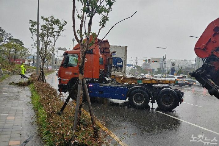 6일 오후 부산 남구의 한 도로에서 트레일러가 빗길에 미끄러져 가로수와 가로등을 들이 받는 사고가 발생했다. (사진=부산경찰청 제공)