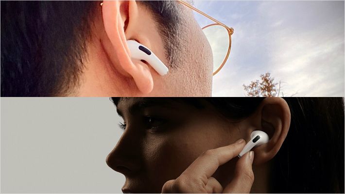 기자의 에어팟 프로 착용 샷, 애플 모델의 에어팟 포스 센서 탭