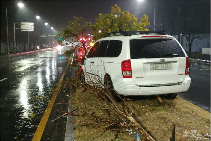 10일 오전 0시 20분쯤 만취상태에서 부산 강서구 명지동 강서경찰서 앞 하단방향 도로를 달리던 B(30대)씨가 중앙분리대를 들이받은 뒤 차량을 버리고 그대로 달아났다.(사진=부산 경찰청 제공)