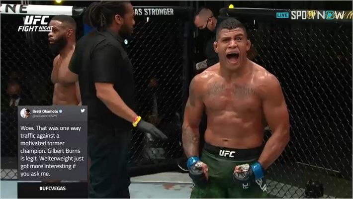 5라운드 경기 직후 포효하며 승리를 확신하는 번즈(오른쪽) (사진=SPOTV NOW 제공)