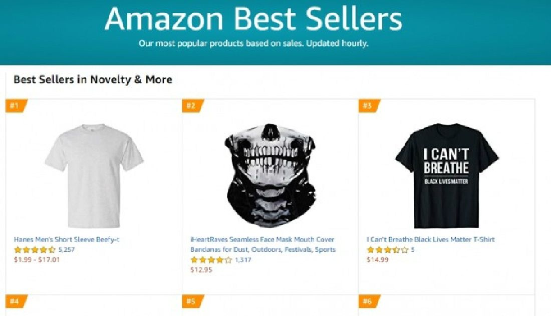 '숨을 쉴 수 없다(I can't breathe)'라는 글이 새겨진 티셔츠가 아마존 베스트셀러 패션 의류 부문에 올라와 있다. (사진='아마존' 홈페이지 캡처)