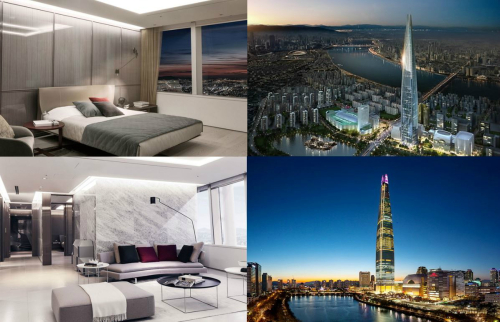 롯데월드타워 시그니엘 레지던스 내부(사진 왼쪽), 외부 모습. 사진=롯데월드타워·연합뉴스