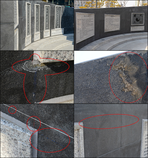 안중근 의사 동상을 둘러싼 추모의 벽에는 각종 오물과 공사 흔적으로 얼룩져 있다.