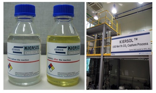 ‘KIERSOL’ 흡수제(왼쪽 사진)와 공정시설. 출처=한국에너지기술연구원