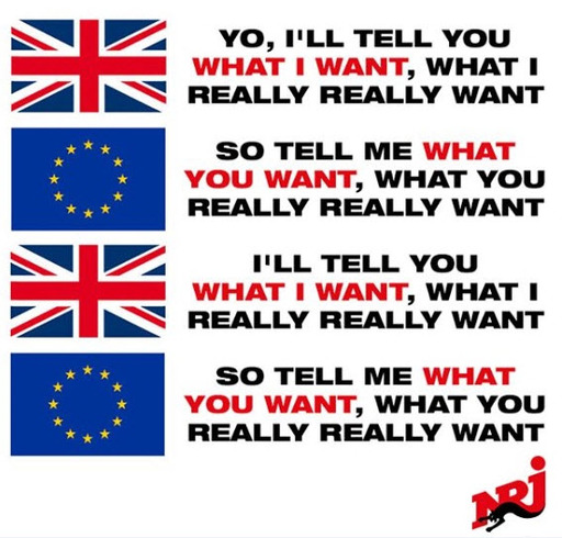 영국 “내가 진짜 진짜 원하는 것을 말할게”, EU “그래 네가 진짜 진짜 원하는 것을 말해”, 라는 대화를 반복하고 있는 이미지를 올린 프랑스 라디오 채널 NRJ.   NRJ인스타그램 캡처
