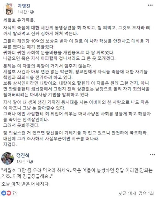 차명진 전 의원이 세월호 참사 5주기를 하루 앞둔 지난 15일 페이스북에 올려 유족에게 망언을 했다고 논란을 빚은 글(위 사진)과 정진석 자유한국당 의원이 16일 페이스북을 통해 올린 세월호 유족 ‘저격’글(아래 사진)