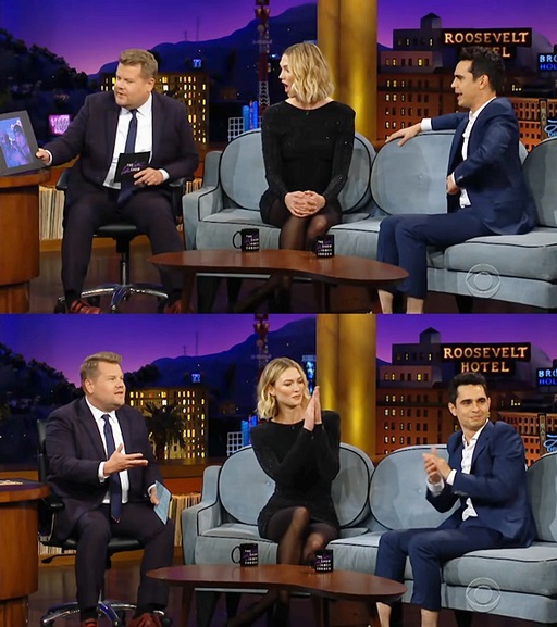 미국 인기 토크쇼 ‘제임스 코든쇼’에서 할리우드 스타 맥스 밍겔라(맨 오른쪽)가 방탄소년단을 이야기하고 있는 모습. 방송캡처