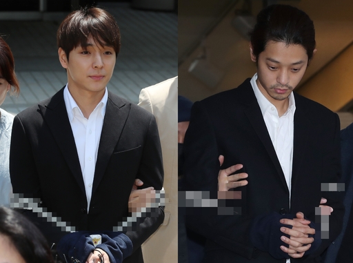 성관계 동영상을 불법적으로 촬영·유포한 혐의로 구속된 가수 정준영(오른쪽)과 성폭력처벌법상 특수준강간 등의 혐의를 받고 있는 가수 최종훈. 연합뉴스