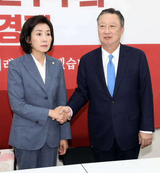 박용만 대한상공회의소 회장이 17일 오후 서울 여의도 국회 나경원 자유한국당 원내대표를 만나 악수하고 있다. 뉴시스