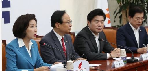 자유한국당 나경원 원내대표(사진 왼쪽)가 10일 국회에서 열린 원내대표·중진의원 연석회의에서 발언하고 있다. 연합뉴스