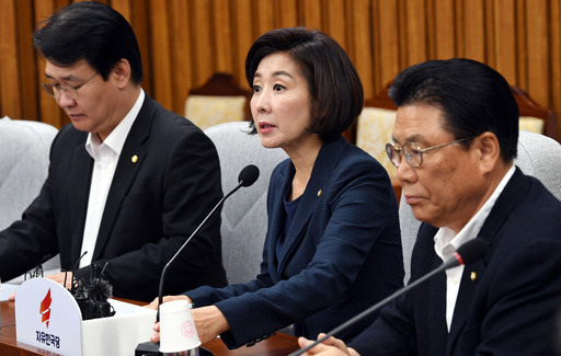 자유한국당 나경원 원내대표(오른쪽 사진)는 같은 시간 열린 당 원내대책회의에서 정부의 안보 대응 문제를 지적하고 있다. 허정호 선임기자