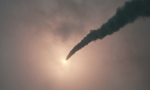 조선중앙TV가 공개한 단거리 발사체 발사 장면. 연합뉴스