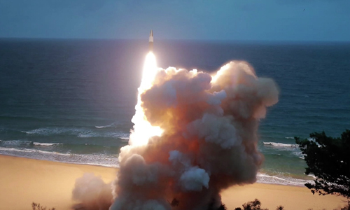 조선중앙TV가 공개한 단거리 발사체 발사 장면. 연합뉴스