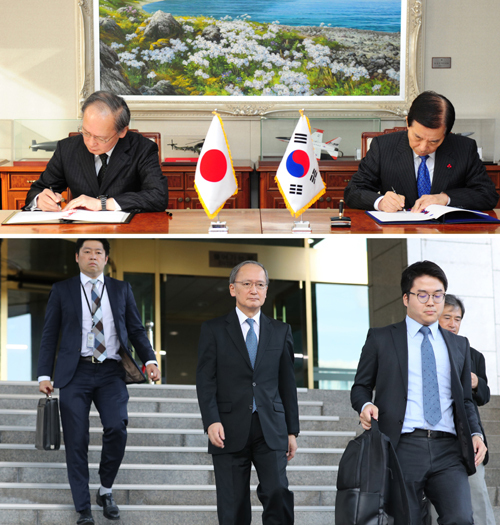 지난 2016년 11월 23일 서울 용산구 국방부에서 한민구 국방부 장관(오른쪽)과 나가미네 야스마사 주한일본대사가 군사비밀정보보호협정(GSOMIA)을 체결하는 모습. 아래는 23일 오후 서울 종로구 외교부에서 나가미네 야스마사 주한일본대사가 한일군사정보보호협정 종료 결정을 담은 공문을 받은 뒤 청사를 나서는 모습. 연합뉴스