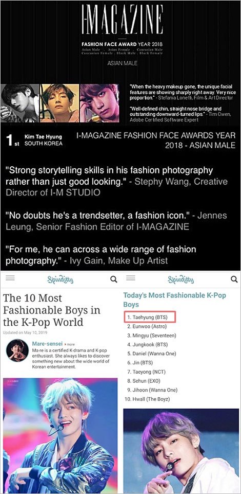 ‘2018 I-Magazine 패션페이스 어워드’ 1위, 미매체 스핀디피가 선정한 ‘K-팝 최고의 패셔니스트’ 1위로 선정된 뷔