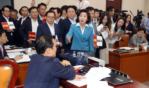 29일 오전 서울 여의도 국회에서 열린 정치개혁특별위원회 전체회의에서 홍영표 위원장이 공직선거법 일부개정법률안을 가결시키자 자유한국당 나경원 원내대표와 의원들이 항의하고 있다. 뉴시스