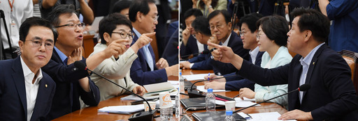 더불어민주당 의원들과 자유한국당 의원들이 29일 국회에서 열린 정치개혁특별위원회 전체회의에서 선거제 개편안 의결과 관련해 삿대질을 해가며 말다툼을 하고 있다. 허정호 선임기자