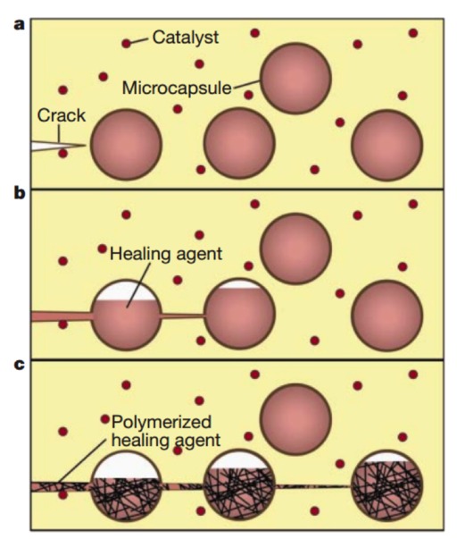 마이크로 캡슐  기반 자가치유 시스템. 출처=whitegroup.beckman.illinois.edu