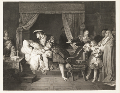 프랑스 화가 조세프 테오도르 리숌이 그린 다빈치의 마지막 모습. 프랑수아 1세의 품에서 생을 마감하는 것으로 묘사하였다. 미국 뉴욕 메트로폴리탄 미술관 소장