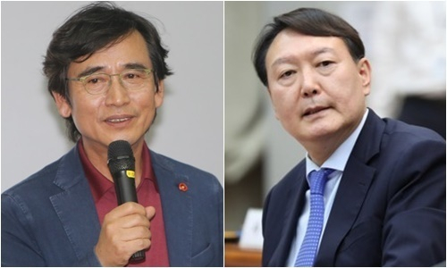 유시민 노무현재단 이사장(왼쪽)과 윤석열 검찰총장. 연합뉴스