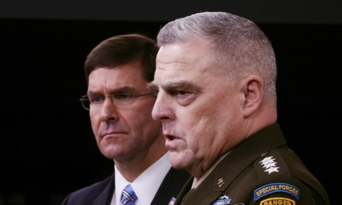 마크 에스퍼 국방장관(왼쪽)과 함께 선 마크 밀리 미 합참의장. AFP=연합뉴스