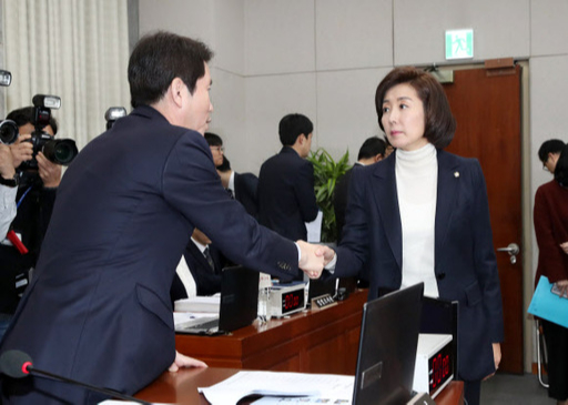 28일 오후 서울 여의도 국회에서 열린 운영위원회 전체회의에서 더불어민주당 이인영 원내대표 겸 운영위원장(왼쪽)과 자유한국당 나경원 원내대표가 인사를 나누고 있다. 연합뉴스