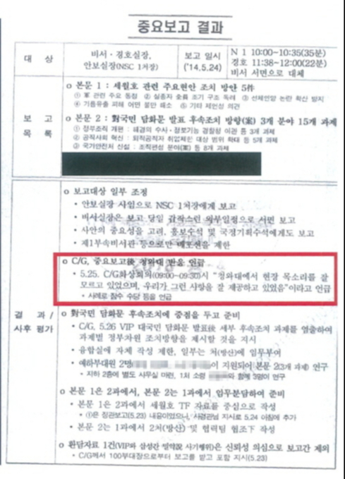2014년 5월24일 기무사의 청와대 6차 보고결과 내용 중 일부다. '청와대에서 현장 목소리를 잘 모르고 있으며 우리가 그런 사항을 잘 제공하고 있었다'는 언급이 보인다. 특조위 제공