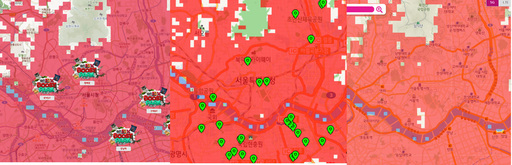 22일 기준 SKT, KT, LG유플러스(왼쪽부터)의 서울 내 5G 사용 가능 지역 지도. 홈페이지 캡처