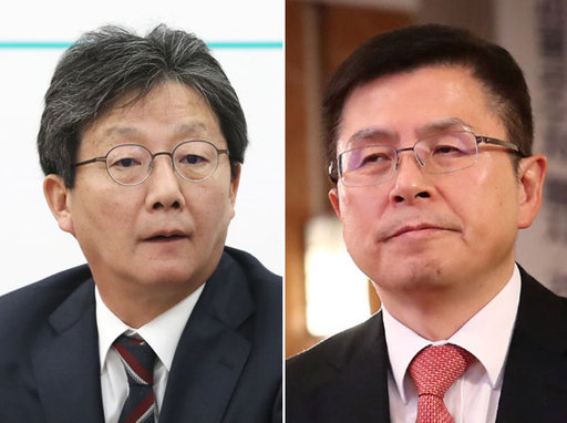 새보수당 유승민 보수재건위원장(왼쪽)과 한국당 황교안 대표