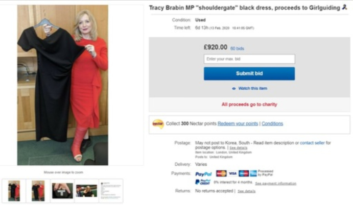 한쪽 어깨가 보이는 드레스 차림으로 국회 의사진행 발언을 해 논란에 휩싸인 영국 제1야당인 노동당의 트레이시 브레이빈 의원이 현지 여성단체를 위한 기금을 마련하겠다며, 자신이 입었던 드레스를 지난 6일(현지시간) 경매에 부쳤다. 이베이 홈페이지 캡처