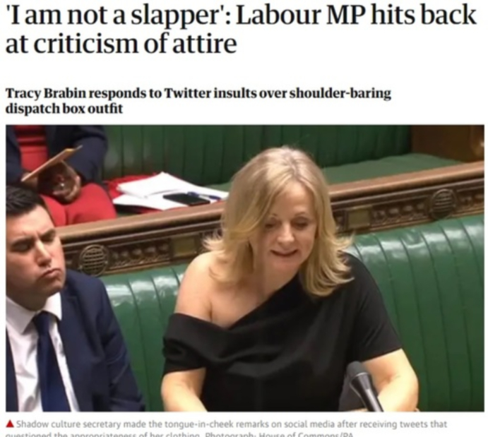 영국 제1야당인 노동당의 트레이시 브레이빈 의원(사진)은 지난 4일(현지시간) 하원에서 긴급 질의를 제시하며, 영국의 브렉시트 이후 법안 로비 방안과 언론 대응 방식을 결정할 것을 촉구했다. 하지만 정작 사람들의 시선은 어깨가 드러난 그의 의상으로 향했다. 트위터에서 몇몇 누리꾼들은 “의회에 적합하지 않은 의상이다”라며 “몸을 파는 여자 같다” 등의 원색적인 조롱을 쏟아냈다. 영국 가디언 홈페이지 캡처