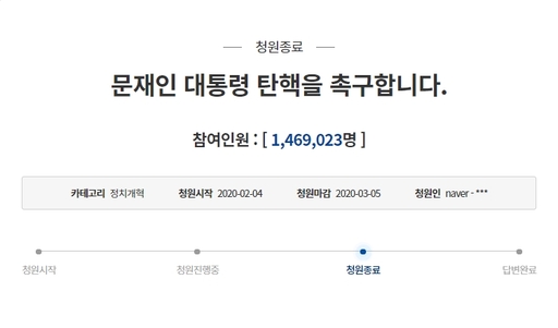 5일 마감된 ‘문재인 대통령 탄핵을 촉구합니다’란 제목의 청와대 국민청원. 참여인원 역대 2위에 올랐다. 청와대 홈페이지 캡쳐
