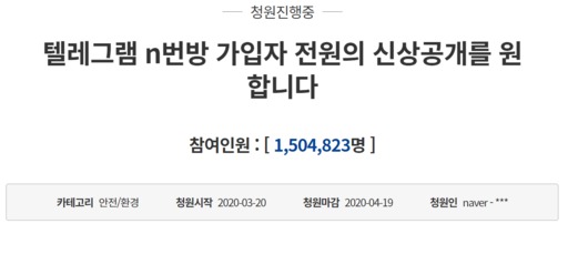 23일 ‘텔레그램 n번방’ 이용자들의 신상공개를 요청하며 청와대 국민청원에 올라온 글 갈무리.