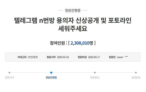 사상 첫 200만명을 돌파한 ‘텔레그램 n번방’ 용의자의 신상을 공개하라는 청와대 국민청원. 청와대 국민청원 홈페이지 캡처