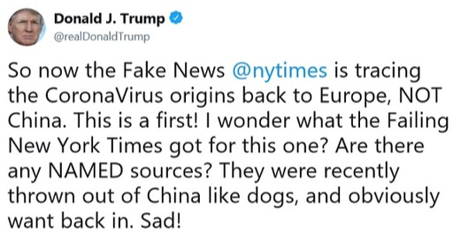 도널드 트럼프 미국 대통령이 뉴욕타임스를 “가짜뉴스”라고 맹비난한 트윗 내용. 트위터 캡처