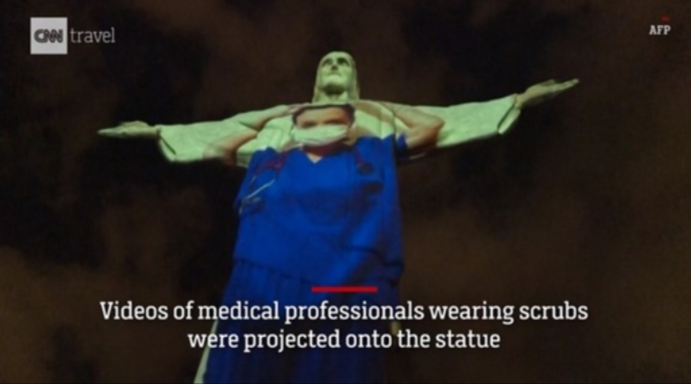 미국 CNN 등에 따르면 부활절이었던 지난 12일 밤, 예수상에는 태극기 외에 미국과 중국, 이탈리아, 스페인, 브라질 등 코로나19로 피해를 입은 나라들의 국기가 차례로 비춰졌다. 예수상 아래에는 희망을 의미하는 나라별 단어를 띄웠는데, 이 과정에서 ‘기대’라는 단어가 함께 등장했다. 이 외에 의사 가운을 입고 청진기를 든 예수상 모습이 연출되기도 했다. 모두 코로나19 최전선에서 싸우는 의료진들을 위한 감사의 표현으로 알려졌다. 미국 CNN 영상 캡처