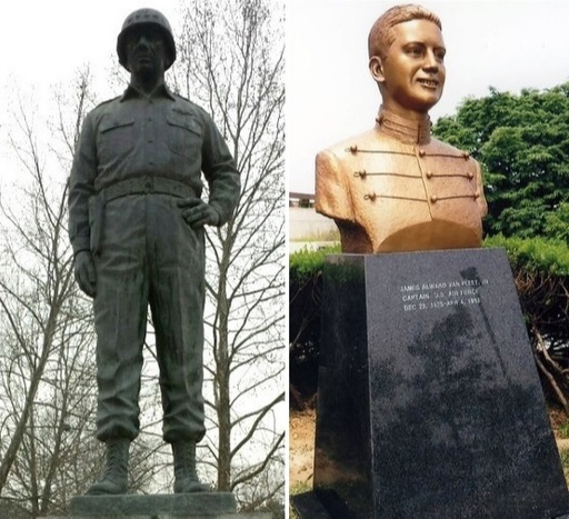 서울 육군사관학교에 세워진 제임스 밴플리트 장군의 동상(왼쪽)과 경기 평택 공군오산기지에 세워진 아들 제임스 밴플리트 주니어 대위의 흉상. 세계일보 자료사진